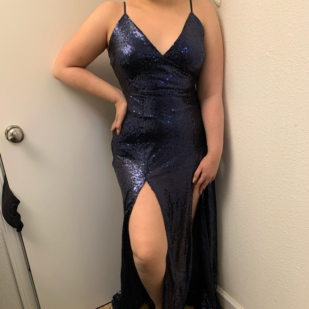 Windsor navy blue sequin slit dress